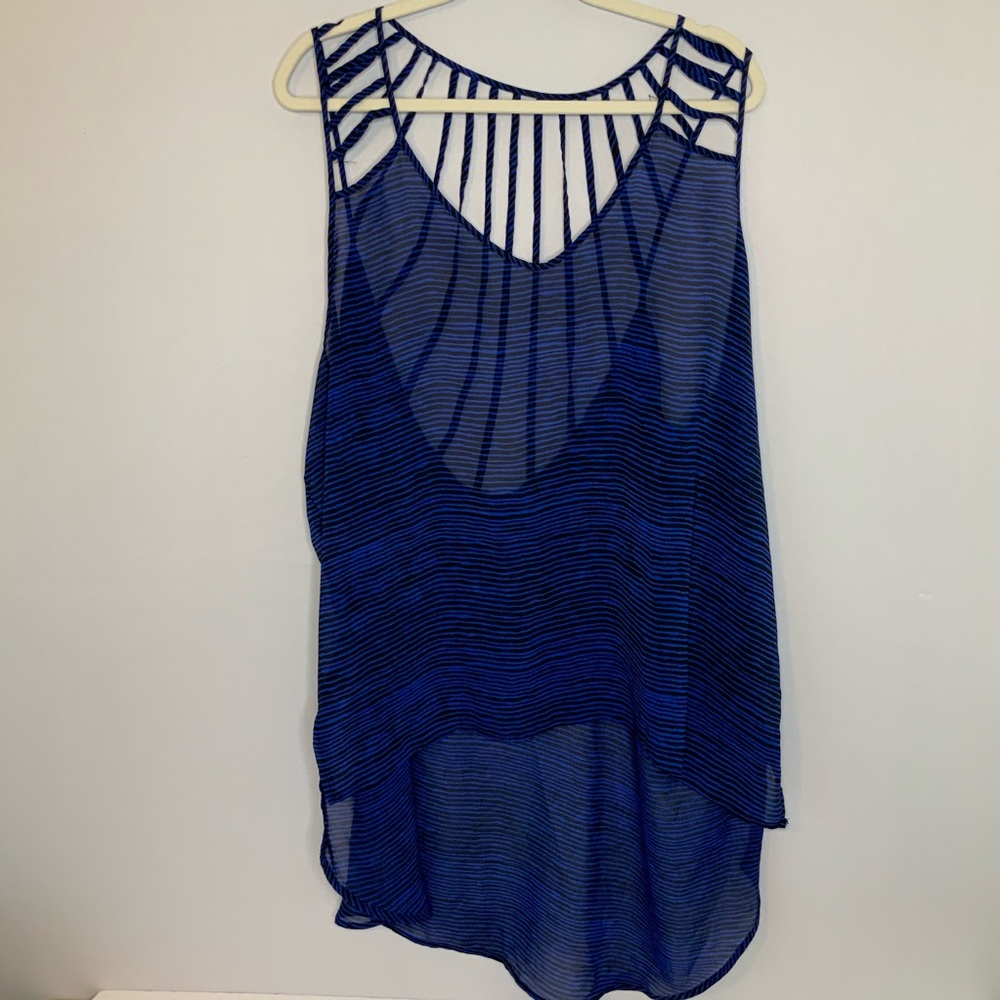 Rouge Collection plus size top 3X Sheer Striped Black Blue